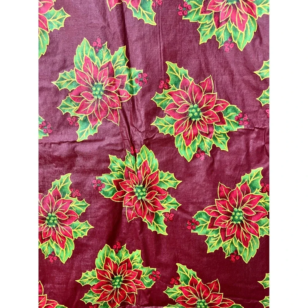 Vintage Christmas Poinsettia Vinyl Tablecloth Burgundy Red Green 50x90 Rect